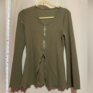 Trendy olive bell sleeve half zip cardigan